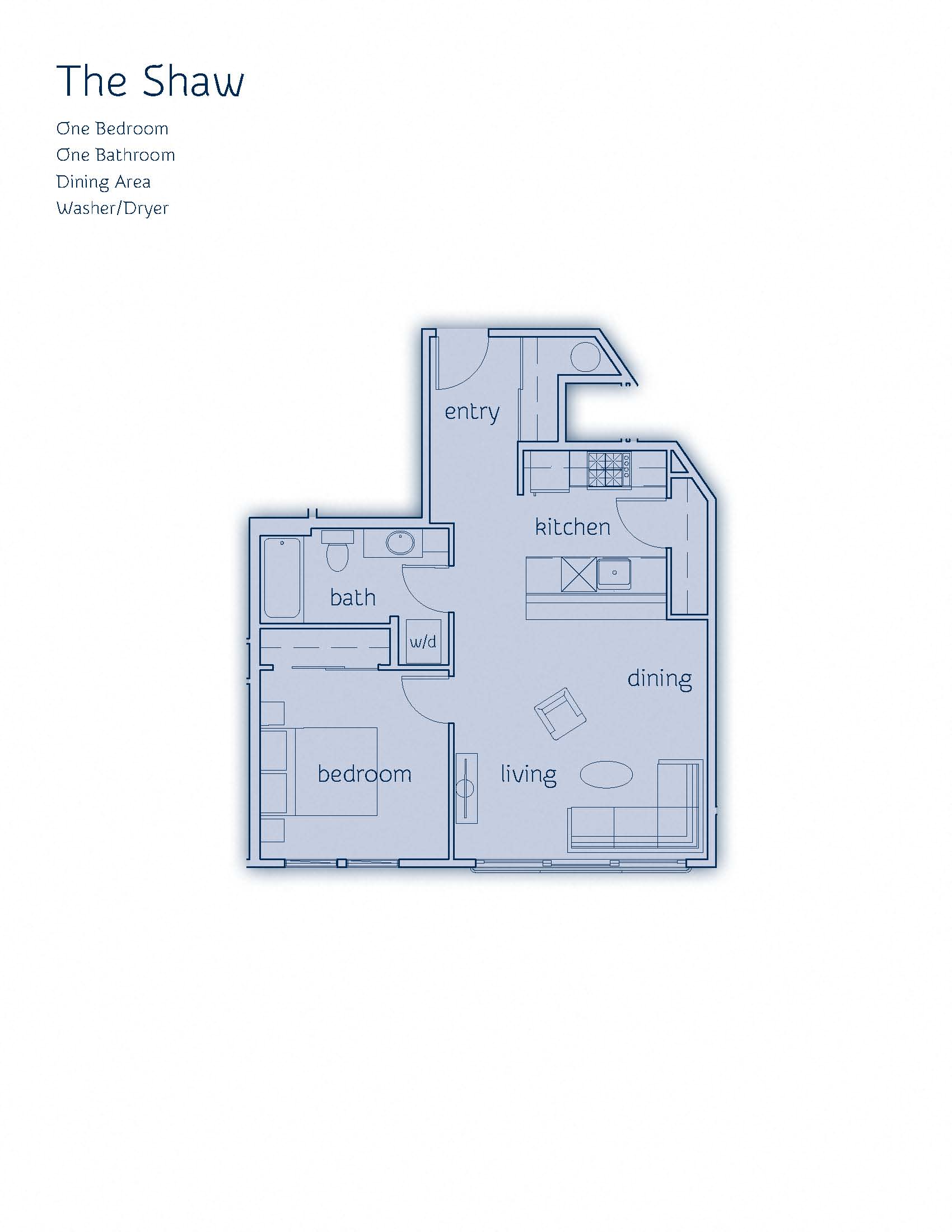 Floor plan for 1 bed, 1 bath, 650 sqft